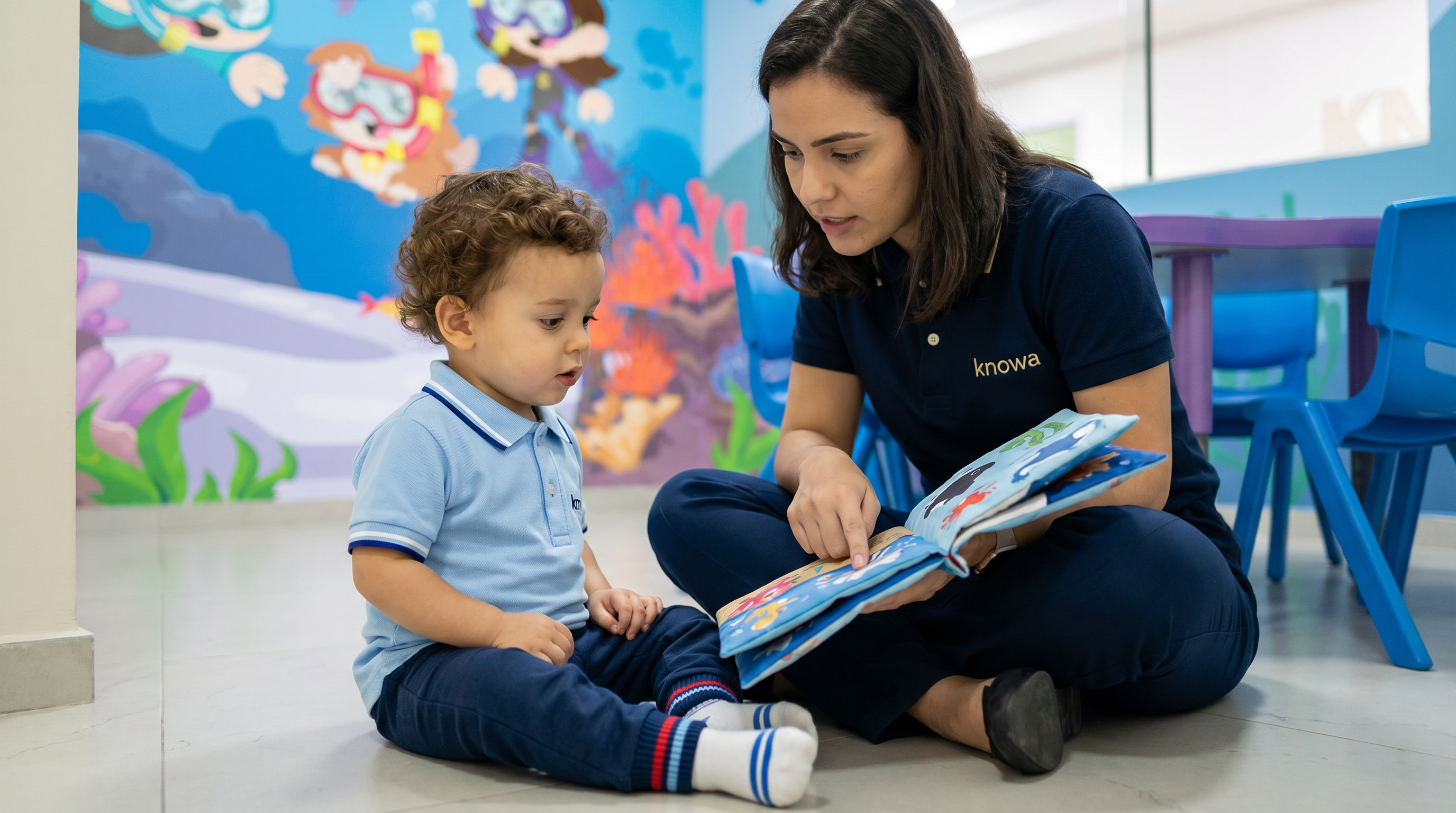 Educadora da Knowa lendo com criança em ambiente infantil